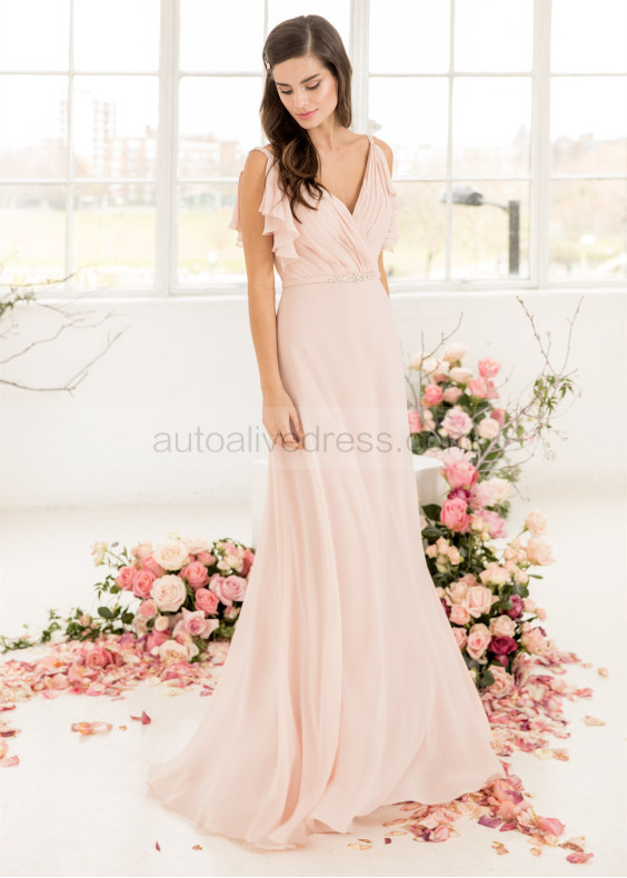 Beaded Pleated Ballet Pink Chiffon Bridesmaid Dress